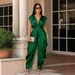 TW897 Elegant Women's Summer Commuter Set Deep V Neck Tie Waist Slim Fit Solid Color European American Style High End Two Piece Outfit_ecoleips.com
