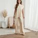 Women's European American Style Two Piece Set Short Sleeved Stand Collar Shirt & Solid Color Wide Leg Trousers Loose Waist Summer Outfit_ecoleips.com