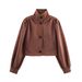 Women's Suede-Look Wide Shoulder Jacket – Ruched Detail Short Bomber, Polyester Pilot Style For Autumn & Workwear (Brown, XS/S/M/L)_ecoleips.com