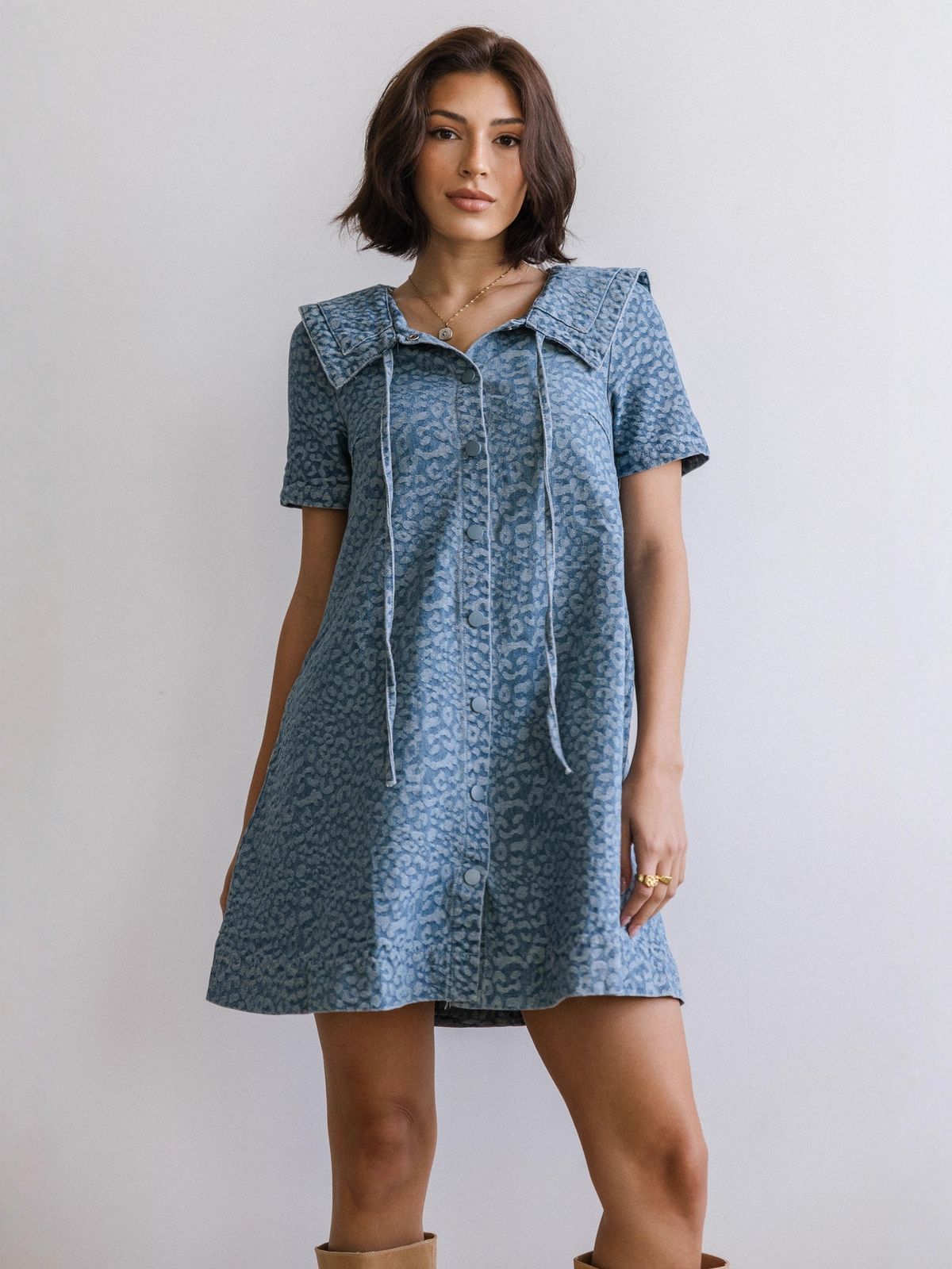 Women's Clothing Fashionable Casual Leopard Print Slimming Short Sleeve Denim Dress Women's Clothing_ecoleips.com