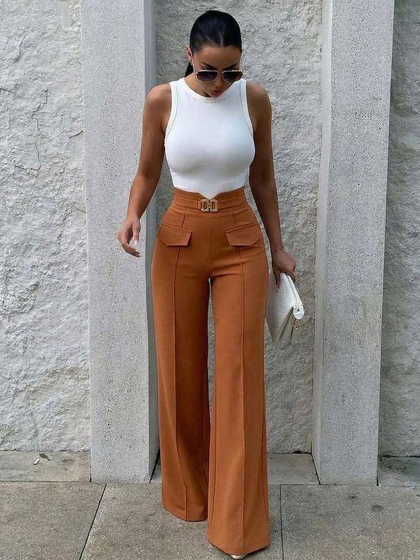 Wide-Leg Pants for Women with Metal Buckle Accents Flowy Straight-Leg Trousers Comfort Stretch Work Casual Bottoms S-XL_ecoleips.com