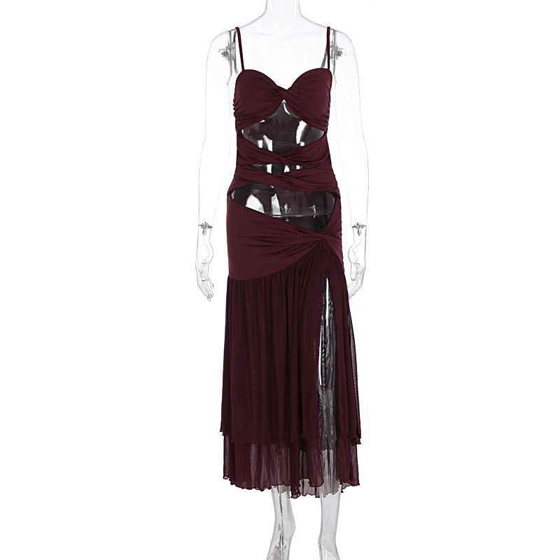Slim Sexy Halter Strap Dress New Summer Hollow Out Slit Dress For Beach Vacation_ecoleips.com