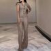 Women's Clothing High End Pure Color Temperament Sleeveless V Neck Top Casual Straight Pants Suit_ecoleips.com