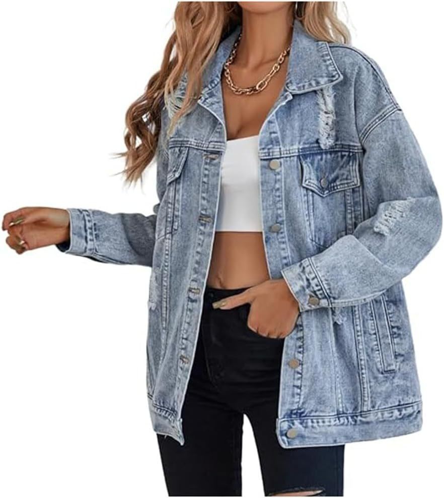 Women's Oversized Denim Jacket New Boyfriend Style Ripped And DistressedRelaxed Everyday Wear Comfortable Feshion_ecoleips.com