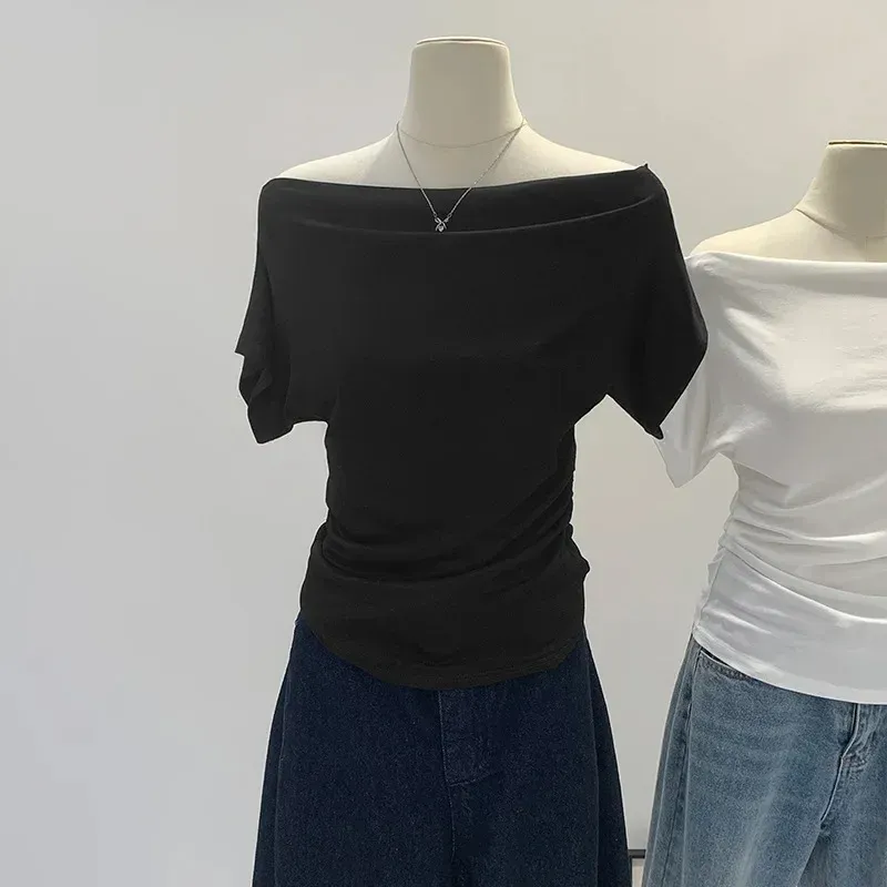 Summer Pure Desire One Shoulder Black Short Sleeve Women's T-shirt Korean Style Slimming Top Exposed Shoulder Fashionable_ecoleips.com