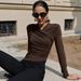 Women's Slimming Pleated Top V Neck Long Sleeve Solid Color European American Style Versatile Commuter Autumn Top_ecoleips.com