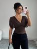Women's Fashion Solid Color Deep V Neck Short Sleeve Slim Fit Top European American Style_ecoleips.com