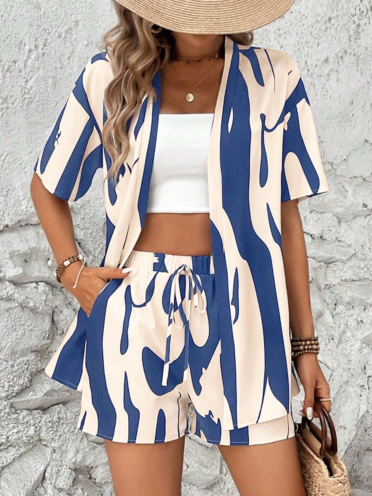 Women's Colorblock Asymmetrical Print Cardigan & Shorts Set, Fashionable Two-Piece, Comfortable Casual Wear For Daily Use_ecoleips.com