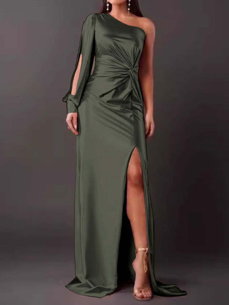 Women's Clothing Oblique Collar Raglan Sleeves Pleated Waist Slit Sexy Long Skirt_ecoleips.com