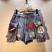 European Station 2025 Summer New Embroidered Letter Logo Patch High-Waisted Slimming Cargo Pocket Denim Shorts For Women_ecoleips.com