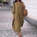 Women's Clothing Solid Color Round Neck Cotton And Linen Long Sleeves Casual Double Side Pocket Button Long Dress_ecoleips.com