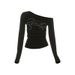 WG027 Cross-border American-style Trendy Letter Rhinestone Embellished Off-shoulder Long-sleeve T-shirt With Pleats,_ecoleips.com