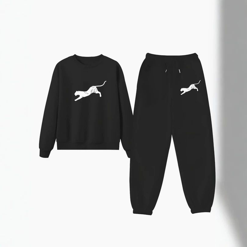 Women's Fleece Lined Long Sleeve Sweatshirt And Jogging Pants Set Cheetah Logo Print Casual Autumn Winter Two Piece Outfit_ecoleips.com