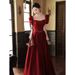 Bride's Toast Dress In Wine Red Satin, Elegant Petite Engagement Dress, Runaway Princess Wedding Gown For Women_ecoleips.com