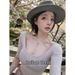 Korean Style Women's Off-Shoulder T-Shirt Purple Short-Sleeved Slim Fit U-Neck Top Pure Sexy Design Casual Streetwear_ecoleips.com