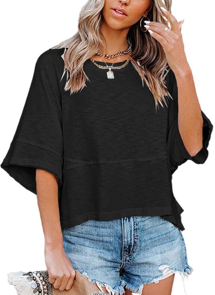 A Casual, Loose-Fitting T-Shirt With A Solid-Color, Puffed-Sleeve Design, Perfect For Women._ecoleips.com