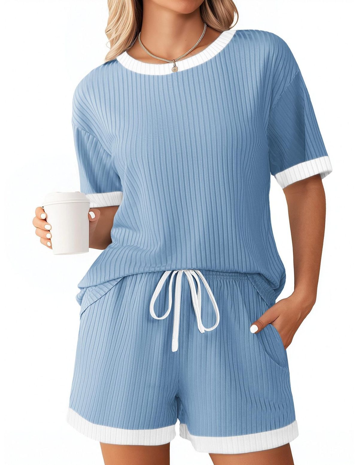 European And American Style Women's Pajama Set Solid Color Ribbed Short Sleeved Home Wear Summer New 2026_ecoleips.com