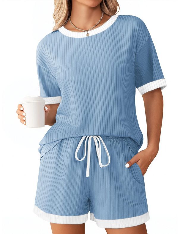 European And American Style Women's Pajama Set Solid Color Ribbed Short Sleeved Home Wear Summer New 2026_ecoleips.com