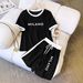 Women's Summer Color Block T-Shirt And Shorts Set Milanese Letter Print Casual Two-Piece Outfit Short Sleeved Top And Bottoms Ensemble_ecoleips.com