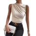 Women's Clothing Spring And Summer New Style Fashionable And Versatile Solid Color Pleated Sleeveless Pullover Half High Collar T Shirt_ecoleips.com