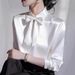 Summer Elegant Bow Tie Collar Long Sleeved Shirt for Women Versatile Stylish Blouse Regular Fit Polyester England Style Fashion_ecoleips.com