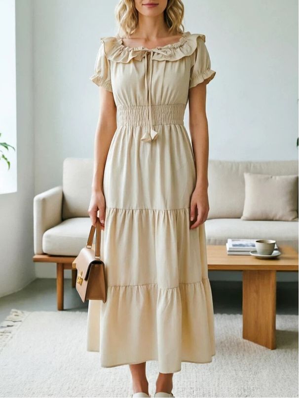Women's Solid Color Ruffled Strapless Bubble Sleeve Maxi Dress – Tie Side Bowknot Detail, Flowy A-Line Party Gown 2026_ecoleips.com