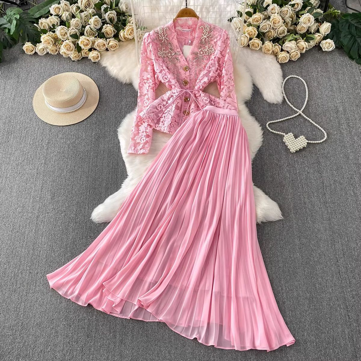 Women’s Elegant Embroidered Lace Blouse & Pleated Maxi Skirt Set – V-Neck With Metallic Buttons (2 Colors, 6 Sizes)_ecoleips.com