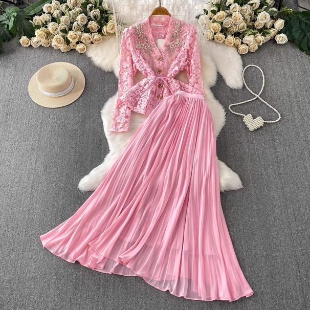 Women’s Elegant Embroidered Lace Blouse & Pleated Maxi Skirt Set – V-Neck With Metallic Buttons (2 Colors, 6 Sizes)_ecoleips.com