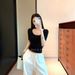 ng2510292 Women's Summer Top With A High-end Feel, Simple And Versatile, Solid Color Basic Style, Slim Fit, U-neck, Trendy,_ecoleips.com