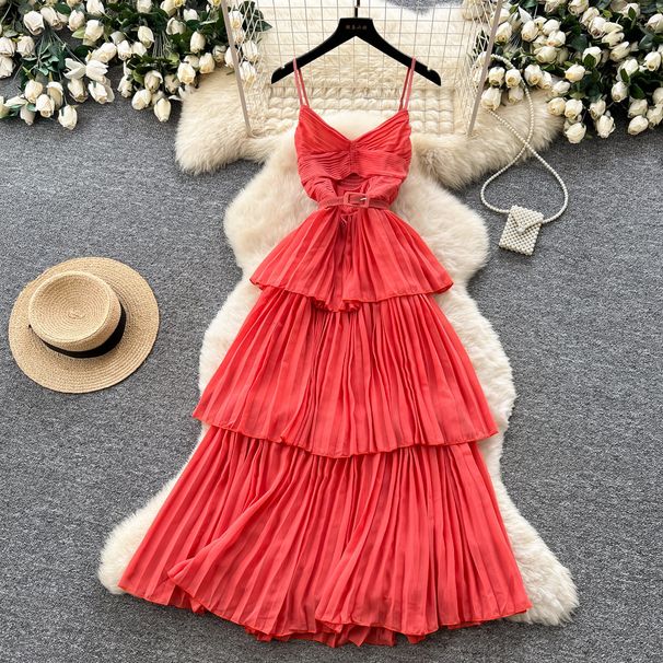 Red Spaghetti Strap Pleated Dress Women's Summer French Resort Style Fitted Waist Ruffled Hem Long Dress_ecoleips.com