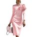 Elegant Women's Slim Fit Dress Solid Color Round Neck 3D Floral Decoration Party Dress Summer New Arriva_ecoleips.com