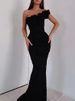 Womens Fashion Solid Slim Bodycon Long Dress Black Sexy Skew Collar Flower Hollow Party Dress Summer One Shoulder Backless Dress_ecoleips.com