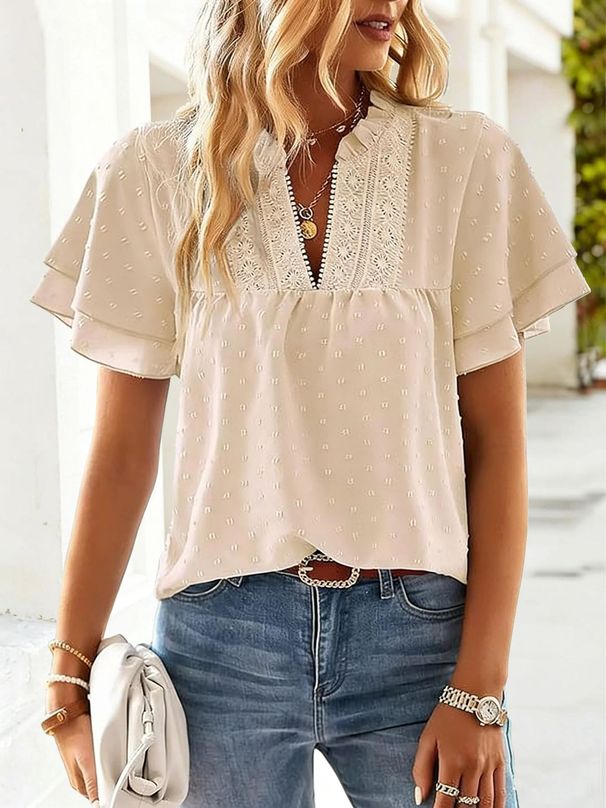 Cross-border European And American Elegant Resort-style Deep V Lace Short-sleeve Blouse, Women's Clothing 2026_ecoleips.com