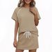 Women's 2 Piece Side Stripe Drawstring Short Sleeve Crew Neck Sweatshirt And Skirt Set – Casual Sporty Outfit_ecoleips.com