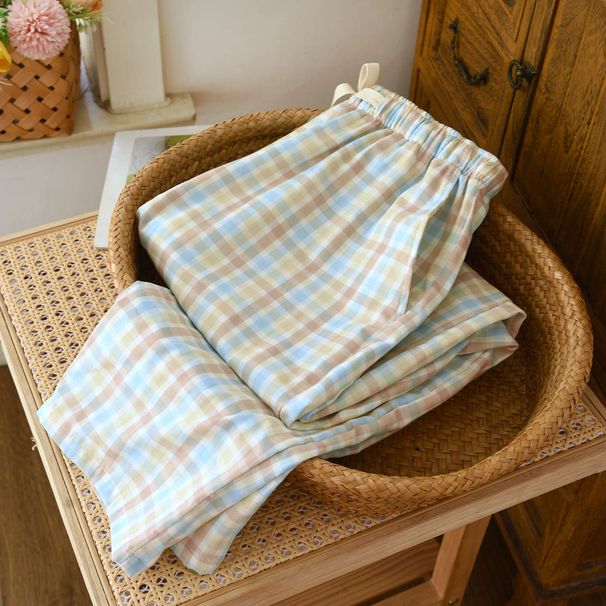 Women's 1-Pair Sleep Pants, Plaid Cotton Gauze, Lightweight Relaxed Fit Spring Summer Loungewear_ecoleips.com