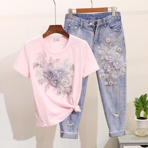 Women's Clothing Denim Suit Summer Beaded Embroidered Three Dimensional Flower Short Sleeved T Shirt Ripped Nine Point Jeans_ecoleips.com