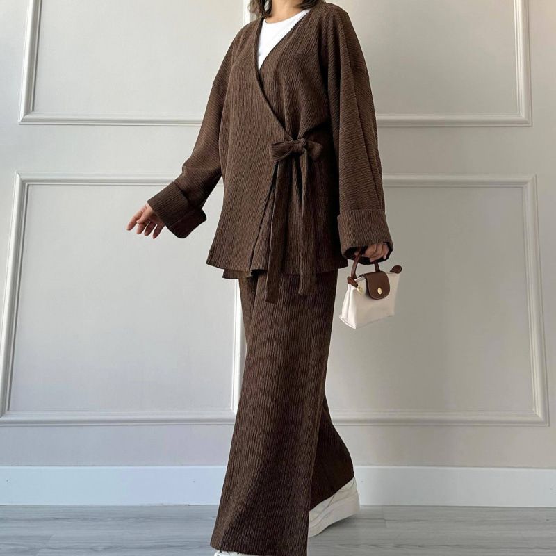 Women’s Clothing Autumn New Women's Clothing Solid Color Lace Cardigan Top Versatile Trousers Two Piece Set_ecoleips.com