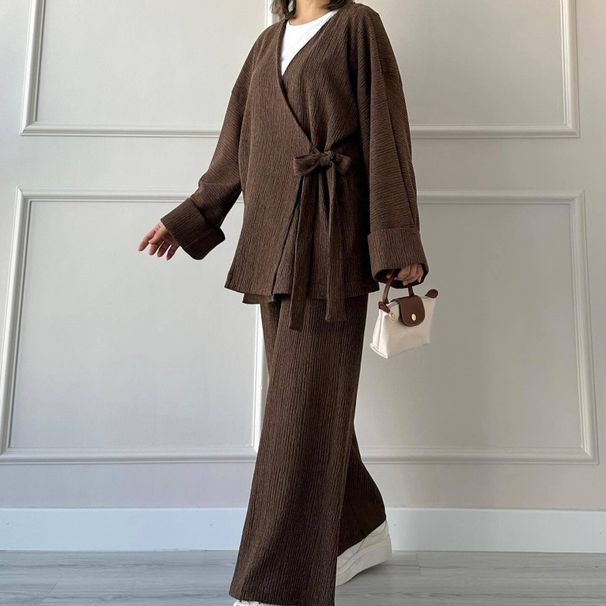 Women’s Clothing Autumn New Women's Clothing Solid Color Lace Cardigan Top Versatile Trousers Two Piece Set_ecoleips.com
