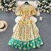 French Style Niche Contrast Color Stitching Fashionable Puff Sleeves Loose Big Swing Long Design Polka Dot Dress Dress_ecoleips.com