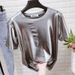 Crew Neck Pearlescent Glossy Short-sleeved T-shirt Women's Ins Trendy Glittering Reflective Loose Performance Clothing Top_ecoleips.com