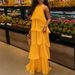 Yellow Halter Neck Backless Dress For Women With High-End Layered Ruffles American Style Long Resort Style Dress_ecoleips.com