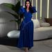European And American Women's Clothing Large Size New Elegant Temperament Round Neck Long Sleeve Solid Color Ruffled Beaded Pleated Dress_ecoleips.com