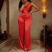 Champagne Gold Satin Jumpsuit For Women, Elegant Draped Neck Wide-Leg Romper, Luxe Evening Wear And Party Outfit_ecoleips.com