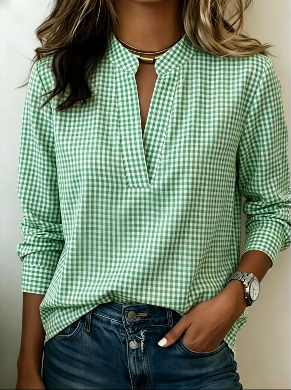 Women's Long Sleeved Plaid Shirt Loose Fitting Pullover Top European And American Style 2026_ecoleips.com