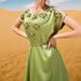 Ba7030 Avocado Green Wael Satin Hand-Sewn Diamond Short-Sleeved Socialite Style Retro Dress_ecoleips.com