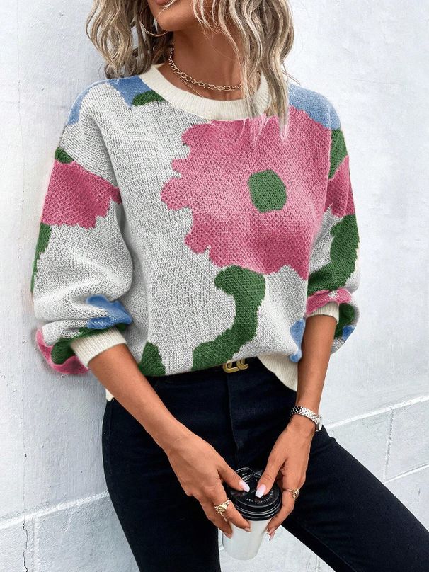 Women's Floral Jacquard Sweater – Oversized Long Sleeve Knit Top In Red/Wine/Pink/Blue (S-XL) | Cozy & Stylish_ecoleips.com