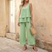 Women's New Style Two Piece Set Solid Color V Neck Sleeveless Top And Wide Leg Pants Layered Design_ecoleips.com