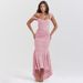 Women's Clothing Solid Color Suspender Low Neck Showing Chest Pleated Hip Fishtail Printed Dress_ecoleips.com