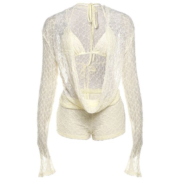 Women's Sexy Three Piece Set With Lace Hollow Out Long Sleeve Halter Neck Top And Slim Shorts For Autumn_ecoleips.com