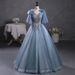 Women's Clothing Dusty Blue Chiffon Puff-Sleeve Ball Gown For Soprano Performances & Student Recitals – High-Waisted A-Line Dress With Lace-Up Detail_ecoleips.com